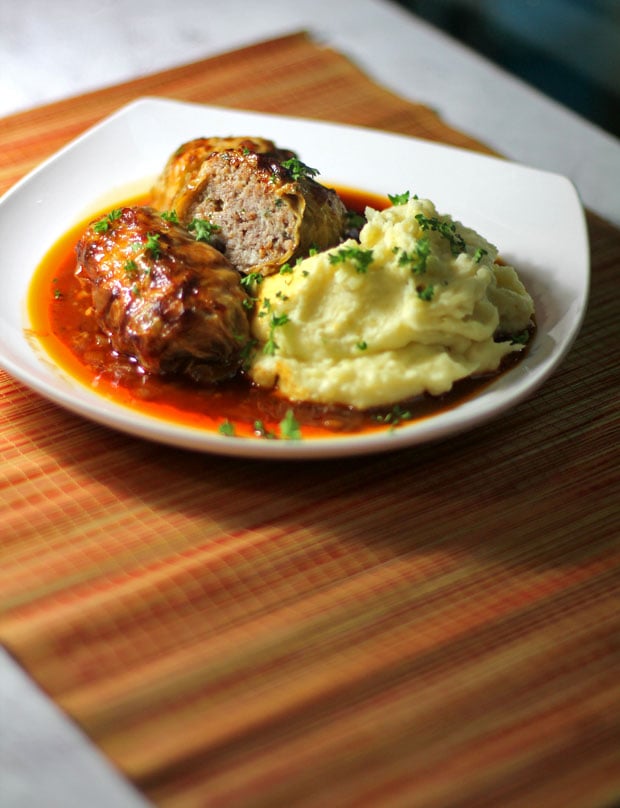 Cabbage Rolls in Paprika Tomato Sauce with Creamy Garlic Mashed Potatoes‏