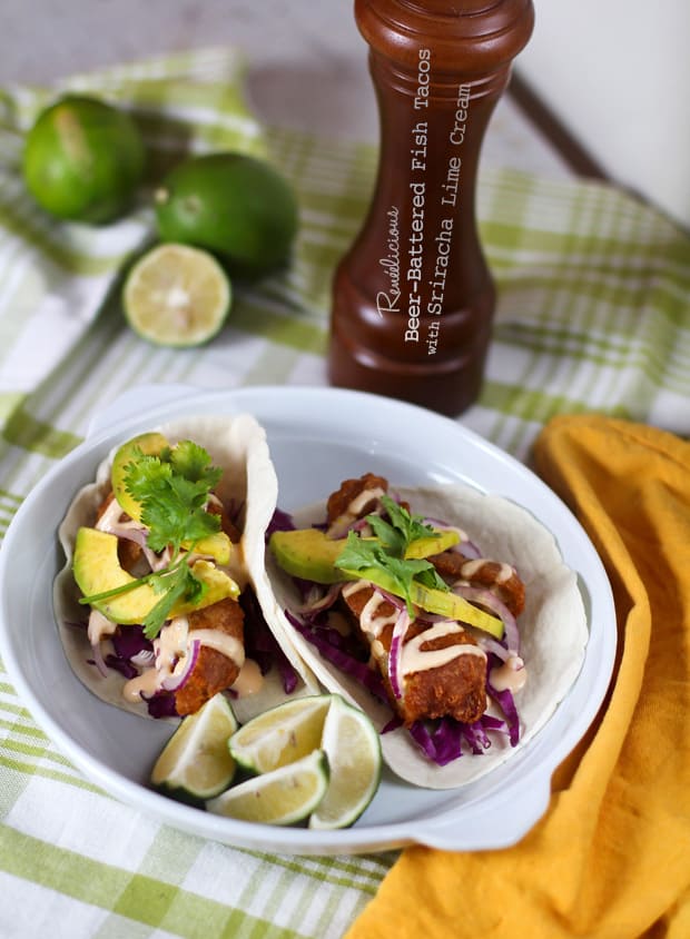 Beer-Battered Fish Tacos with Avocados and Sriracha Lime Cream
