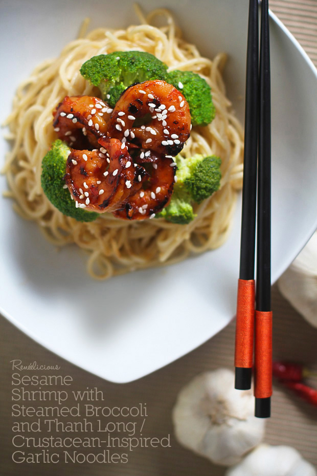 Sesame Shrimp with Steamed Broccoli and Thanh Long / Crustacean-Inspired Garlic Noodles