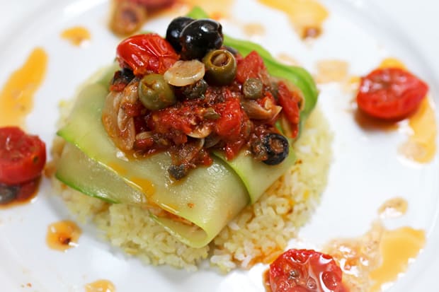 Zucchini-Wrapped Fish with Puttanesca Sauce