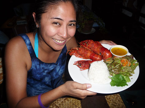 Brooke showing off her lobsters at Kapuluan Vista Resort