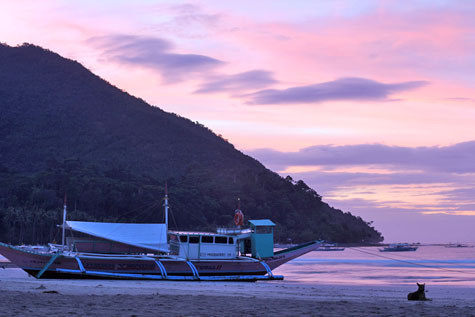 Island, boat, and sunset