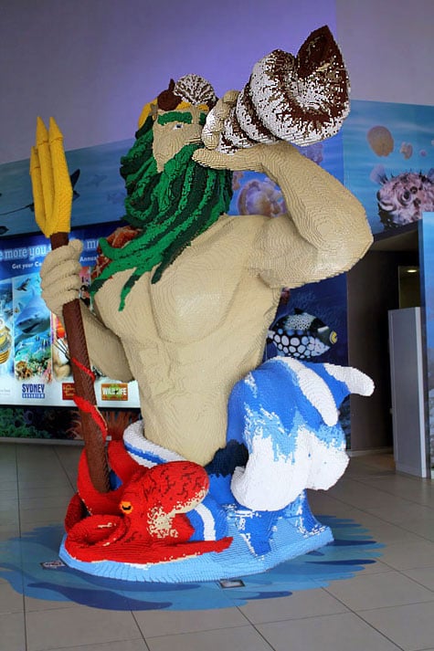 Giant lego statue of Poseidon in Sydney Aquarium
