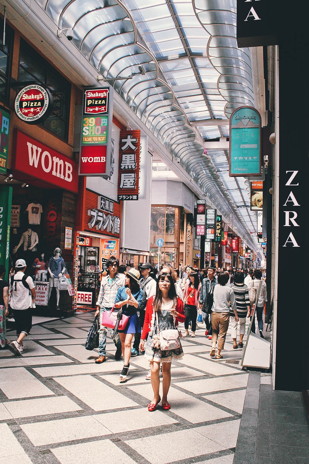 Shops and restaurants in Shinsaibashi, Osaka, Japan