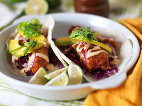 Beer-Battered Fish Tacos with Avocados and Sriracha Lime Cream