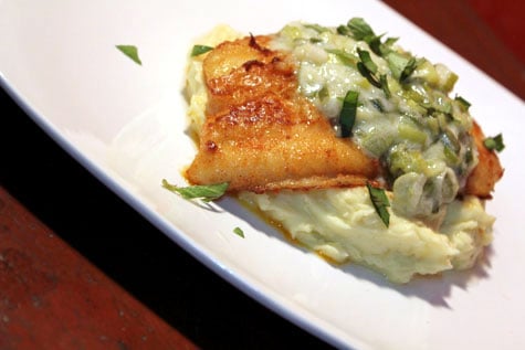 Pan Seared Cream Dory with Creamed Leeks and Truffled Mashed Potatoes