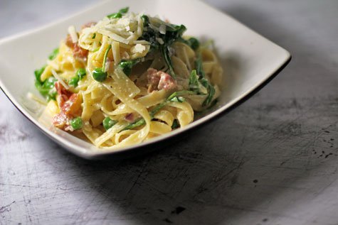 Fettucine with Parma Ham, Peas and Arugula in a Cream Sauce