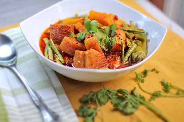 Dhungar-Smoked Pork Belly Curry with Squash and String Beans