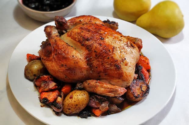 Thanksgiving Roast Chicken and Vegetables, with Pork and Farro Stuffing and Dried Cranberry Sauce