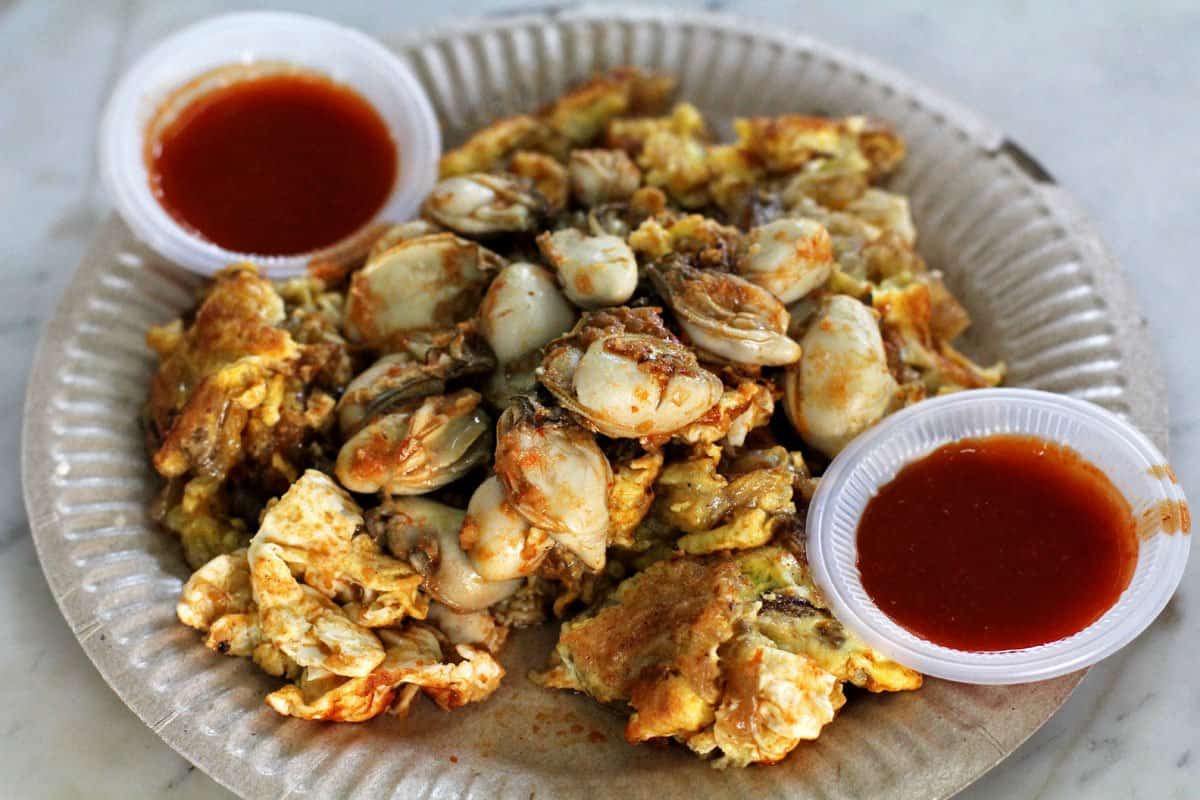 Oyster omelette with chilli sauce in Singapore