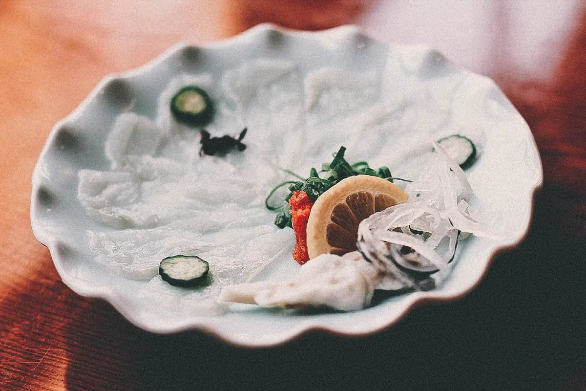 Fugu or blowfish sushi and sashimi at a Japanese restaurant in Osaka