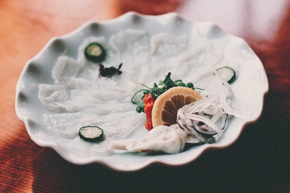 Japanese Food Guide Fugu or blowfish sushi and sashimi at a Japanese restaurant in Osaka