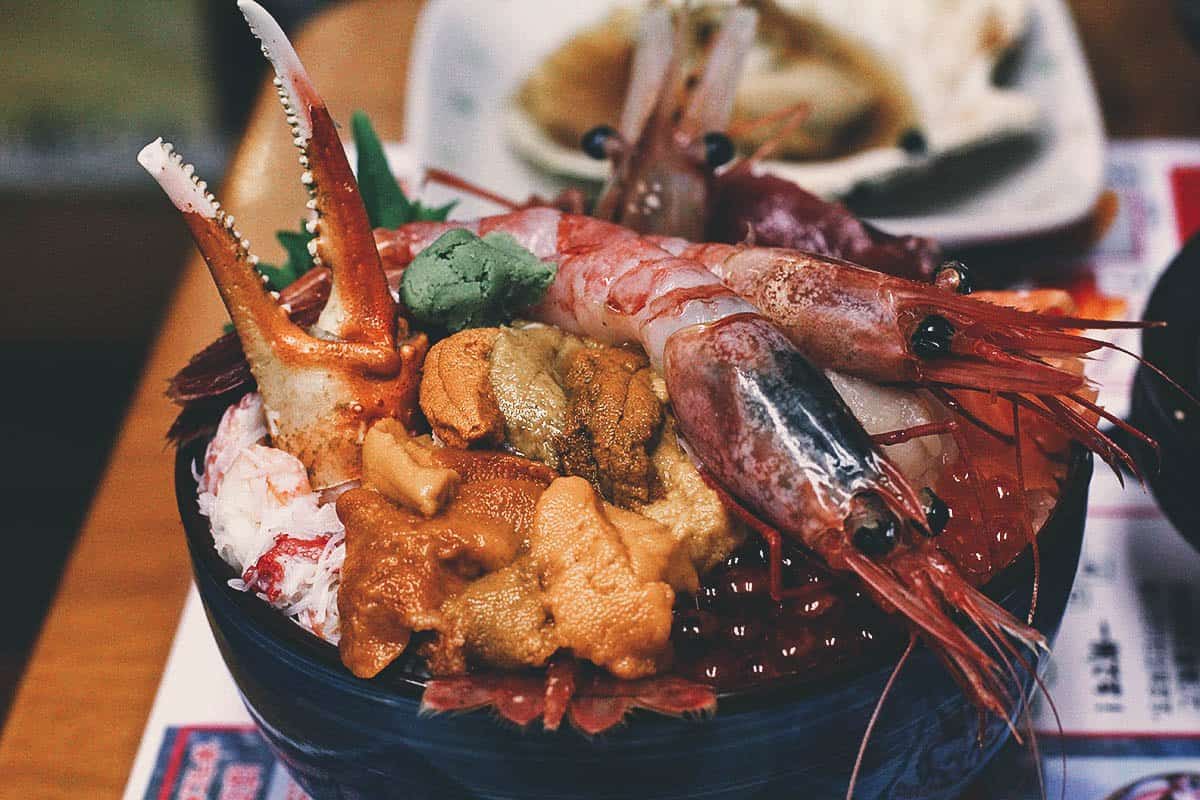 Bowl of kaisendon or fresh Japanese seafood served with rice