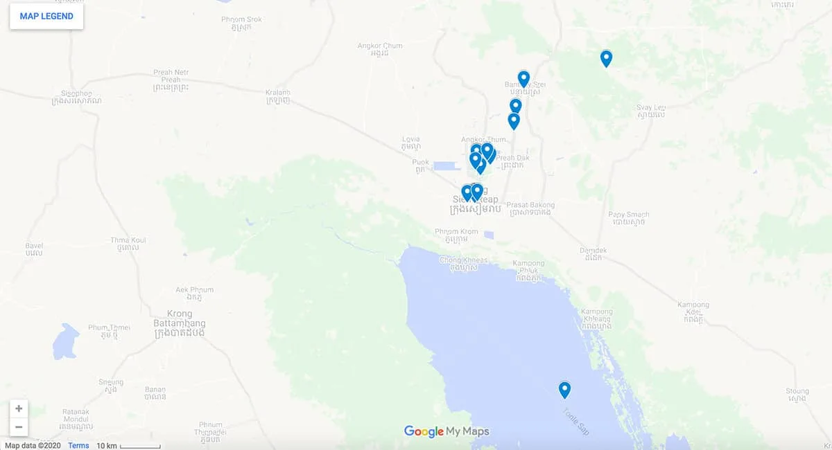 Map of Siem Reap, Cambodia Map with pins