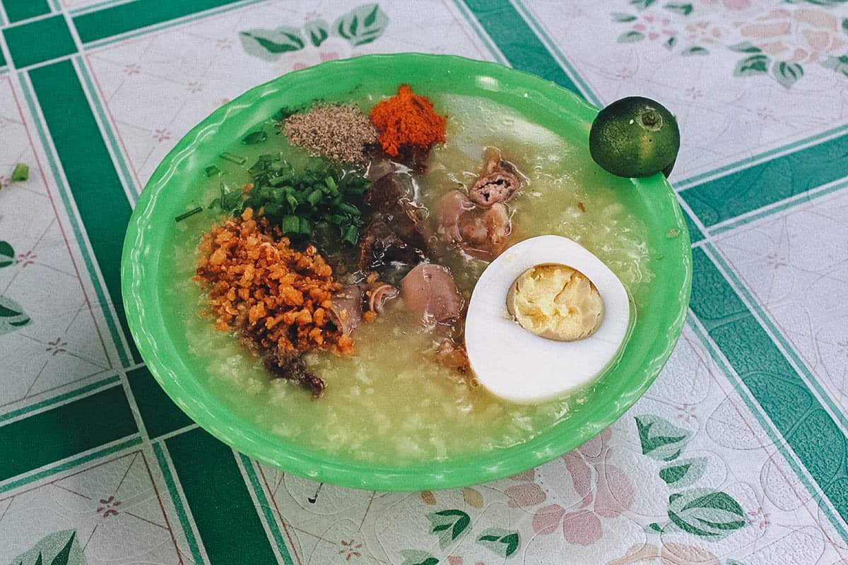 Lugaw with hard-boiled eggs, a popular street food dish in the Philippines