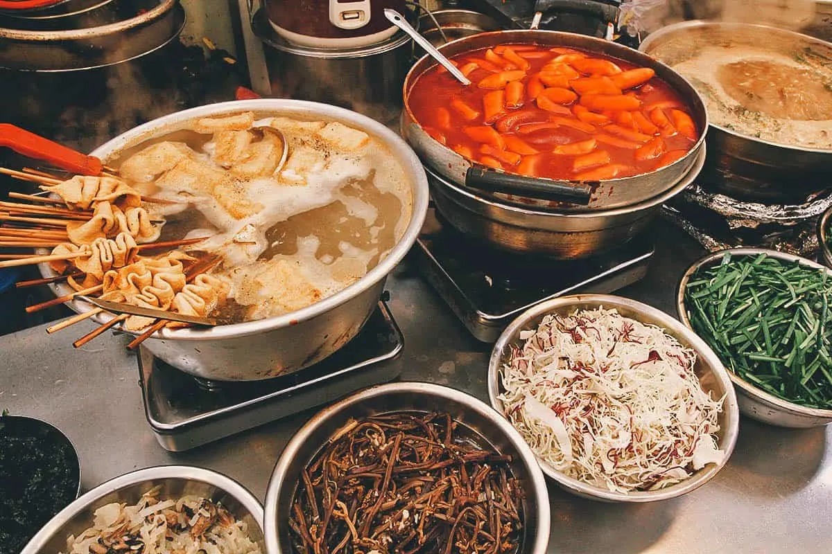 Fish cakes and tteokbokki at Gwangjang Market in Seoul, South Korea