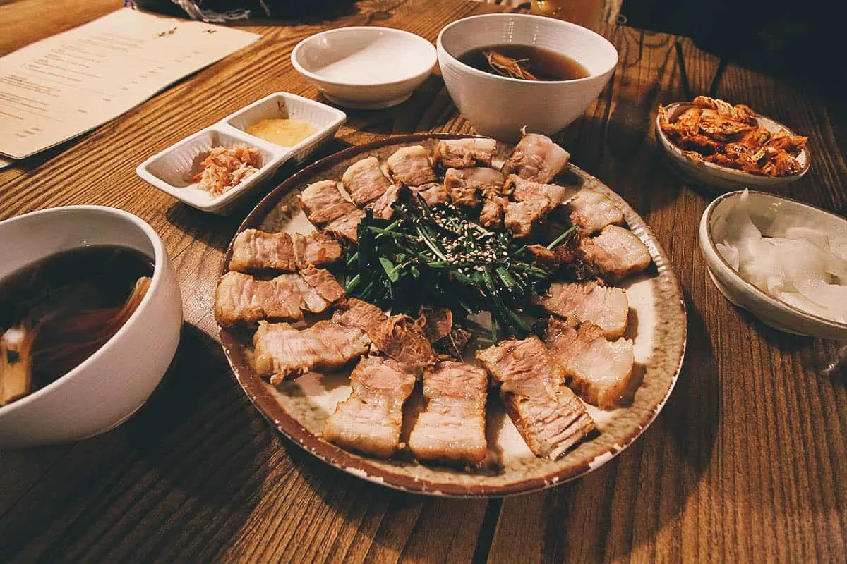 Pork belly dish at Jalppajin Memil in Seoul, South Korea
