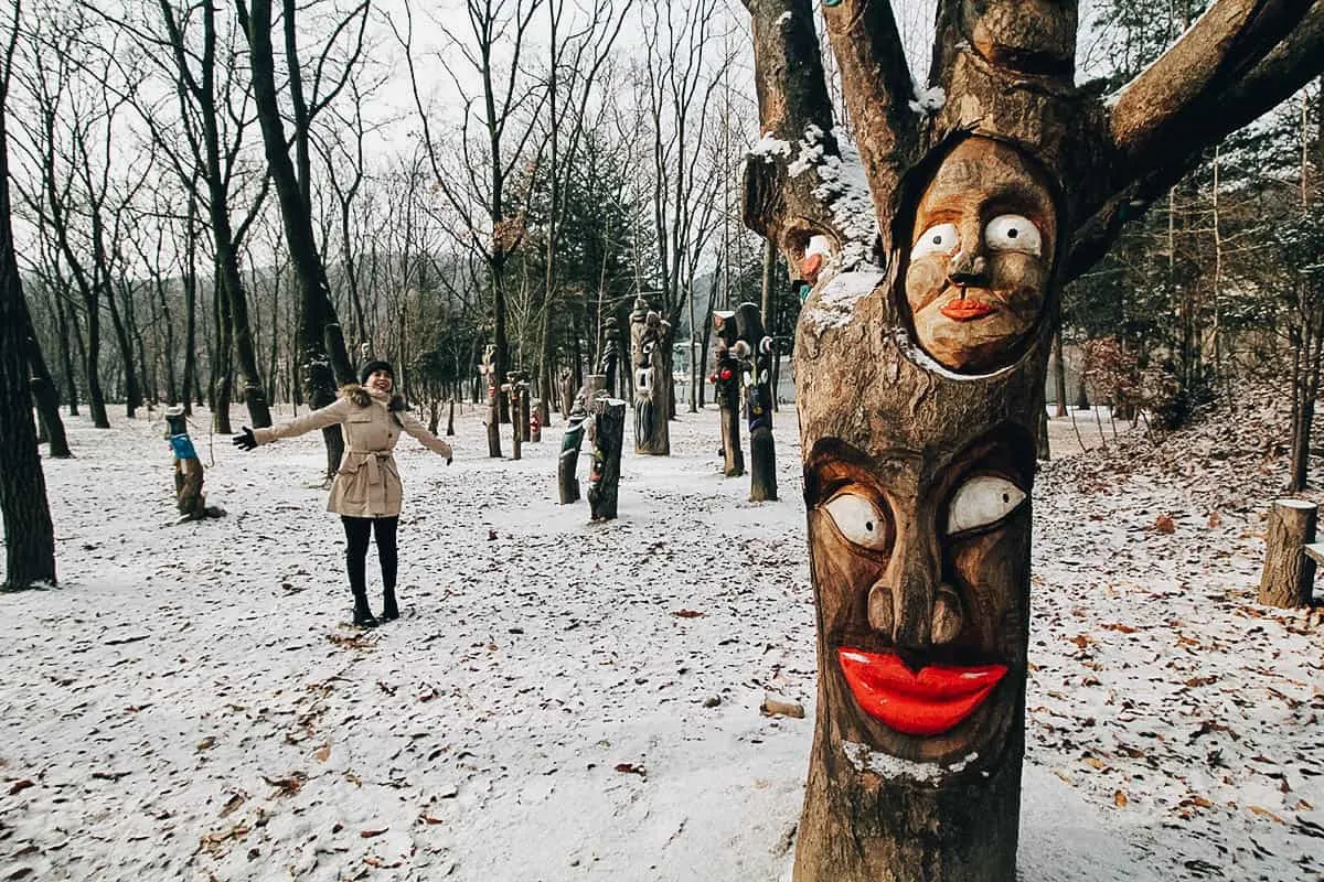 Carved faces on a tree at Nami Island
