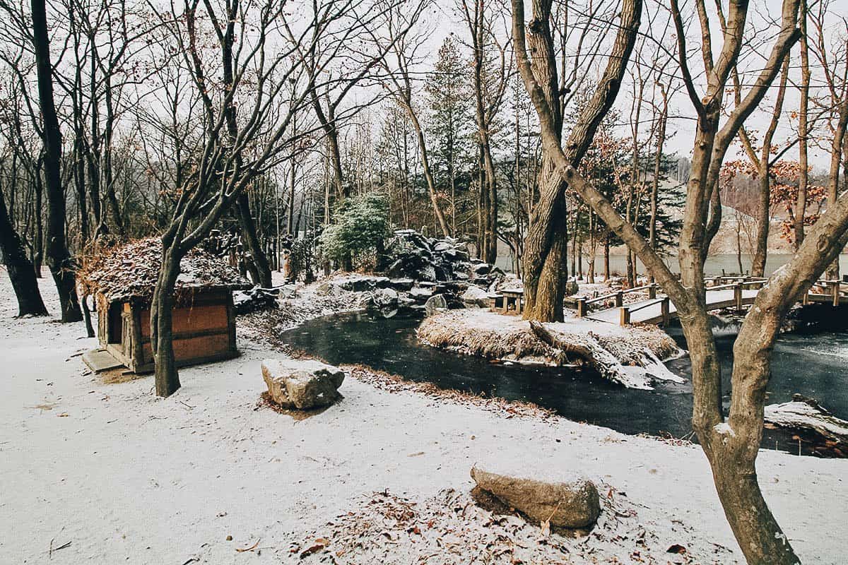 Frozen pond on Nami Island in South Korea