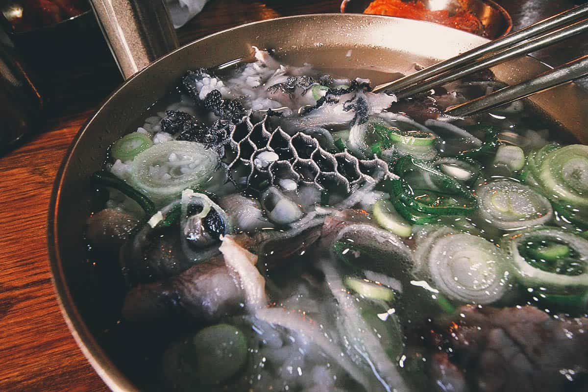 Gomtang, a traditional dish of beef bone soup