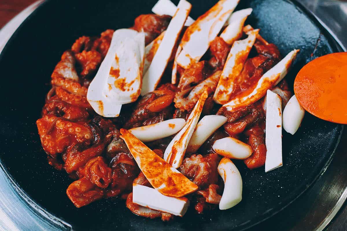 Jjukumi or spicy Korean stir-fried octopus marinated in chili paste