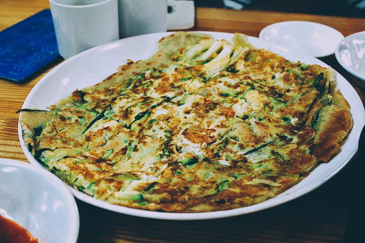Haemul pajeon, a type of Korean pancake made with scallions and seafood