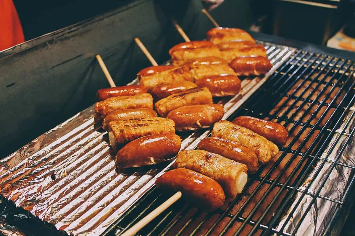 Korean sausage, fish cake, and rice cake skewers