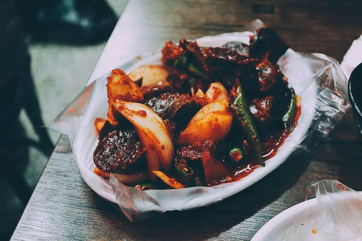 Soondae or Korean blood sausages marinated in chili paste