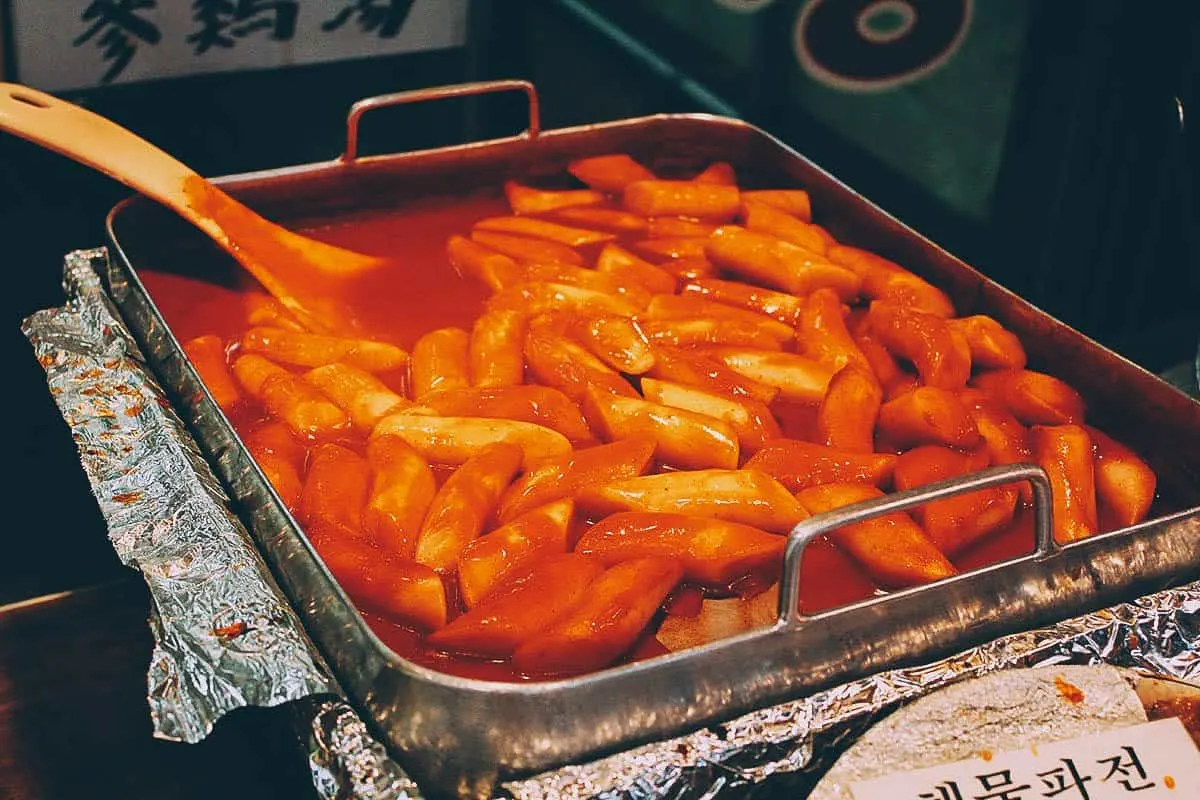 Tteokbokki, a Korean rice cake marinated in chili paste