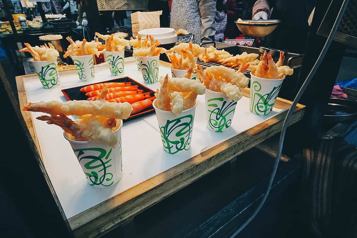 Twigim or Korean tempura at a stall in Myeongdong