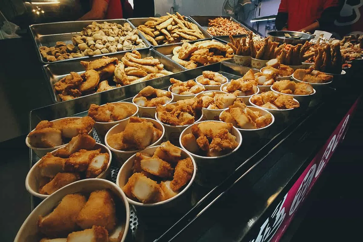 Buckets of deep-fried seafood on Jiufen Old Street, Taiwan