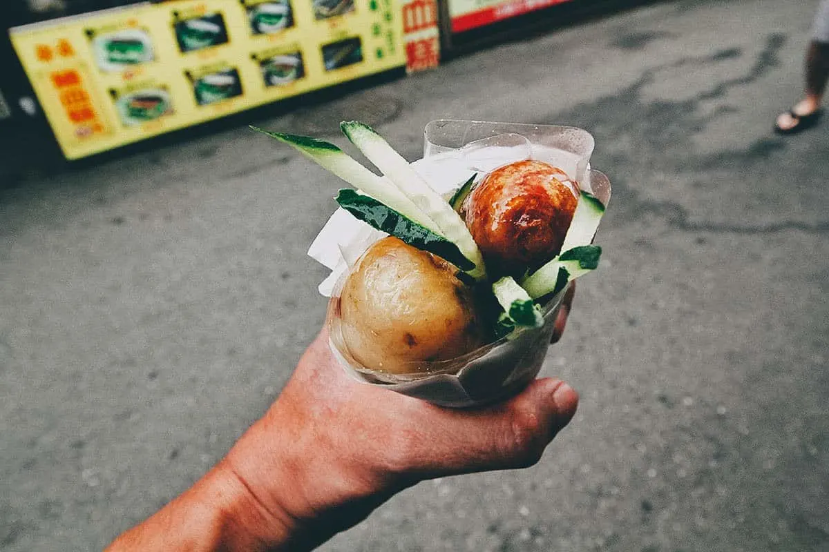 Sausage in a glutinoius rice bun at Ita Thao Shopping Street at Sun Moon Lake in Taiwan