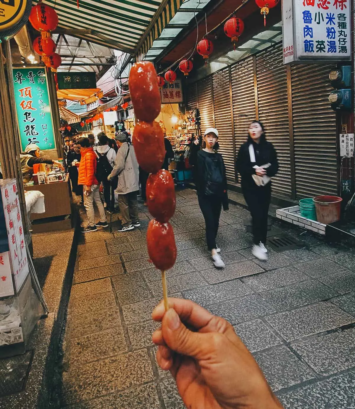 Skewer of Taiwanese sausages on Jiufen Old Street, Taiwan