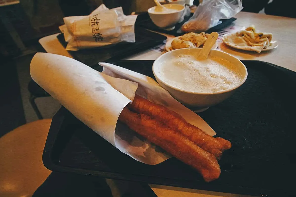Warm soy milk with youtiao at Fuhang Soy Milk in Taipei, Taiwan