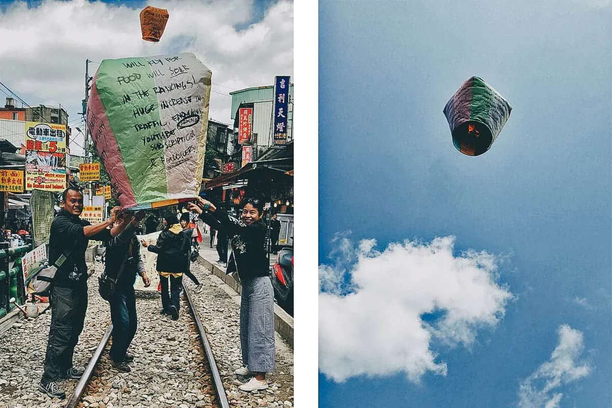 JB and Ren releasing a sky lantern along Shifen Old Street, New Taipei City, Taiwan