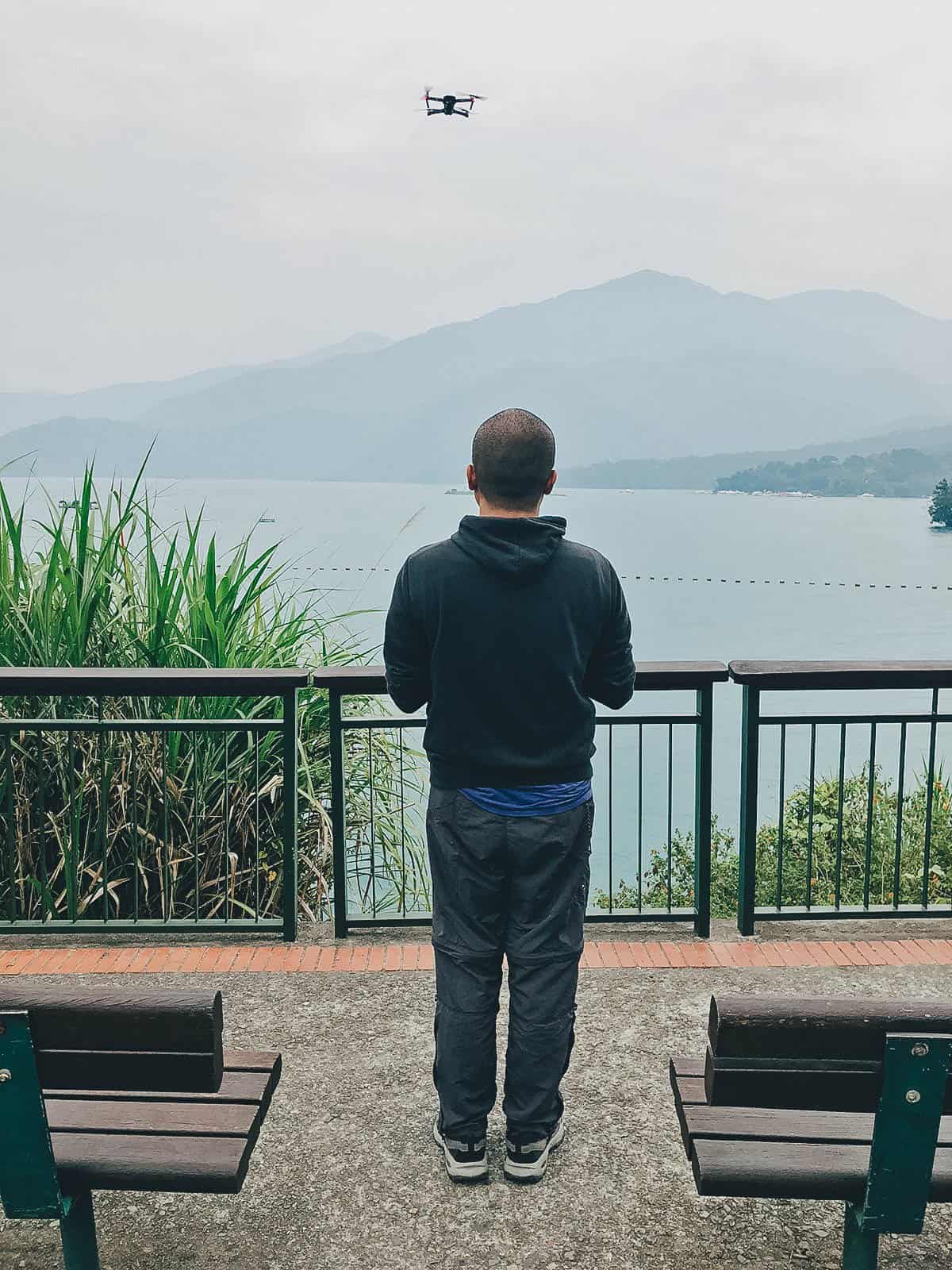 JB flying a drone over Sun Moon Lake in Nantou County, Taiwan