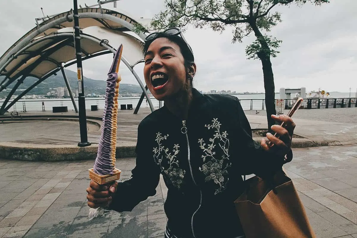 Ren eating tower ice cream in Tamsui, New Taipei City, Taiwan