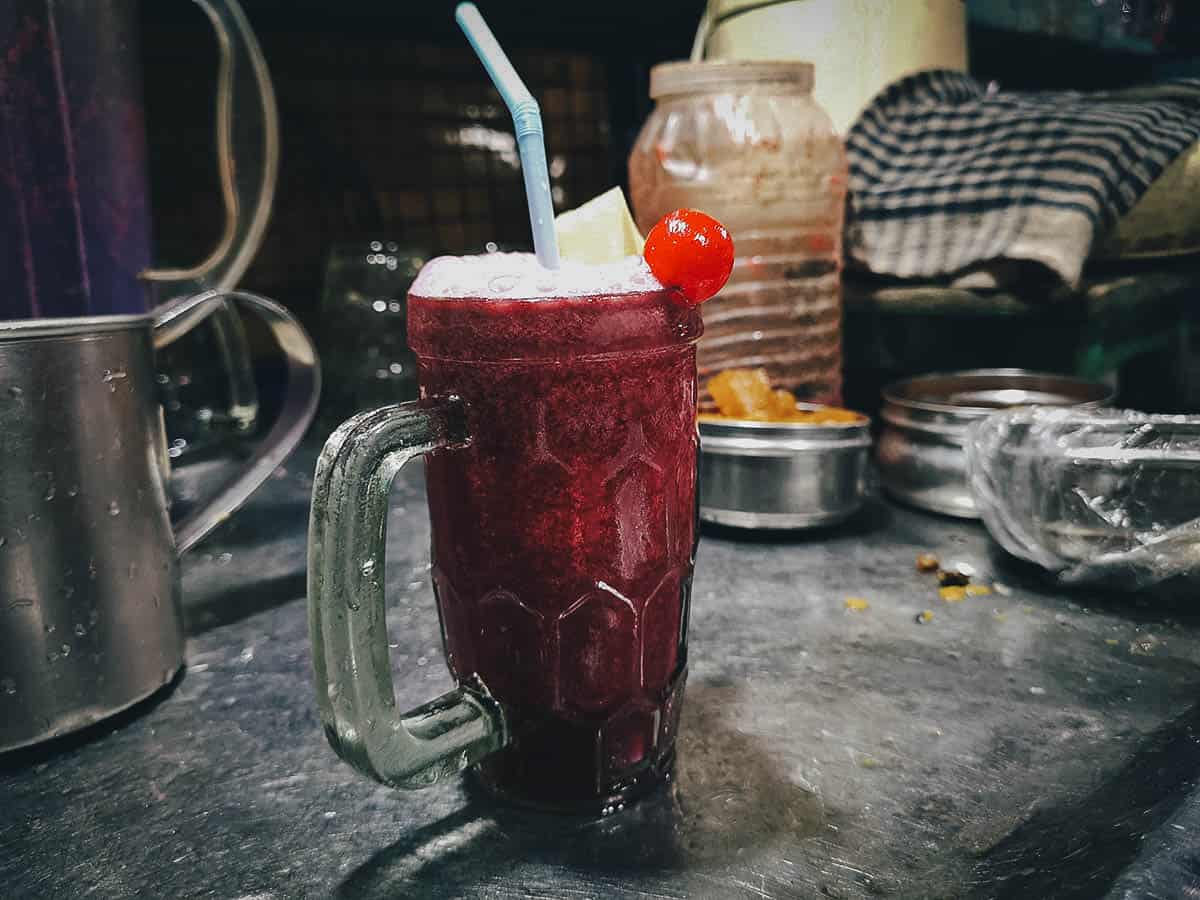 Pomegranate lassi at an Indian street food stall in Kolkata