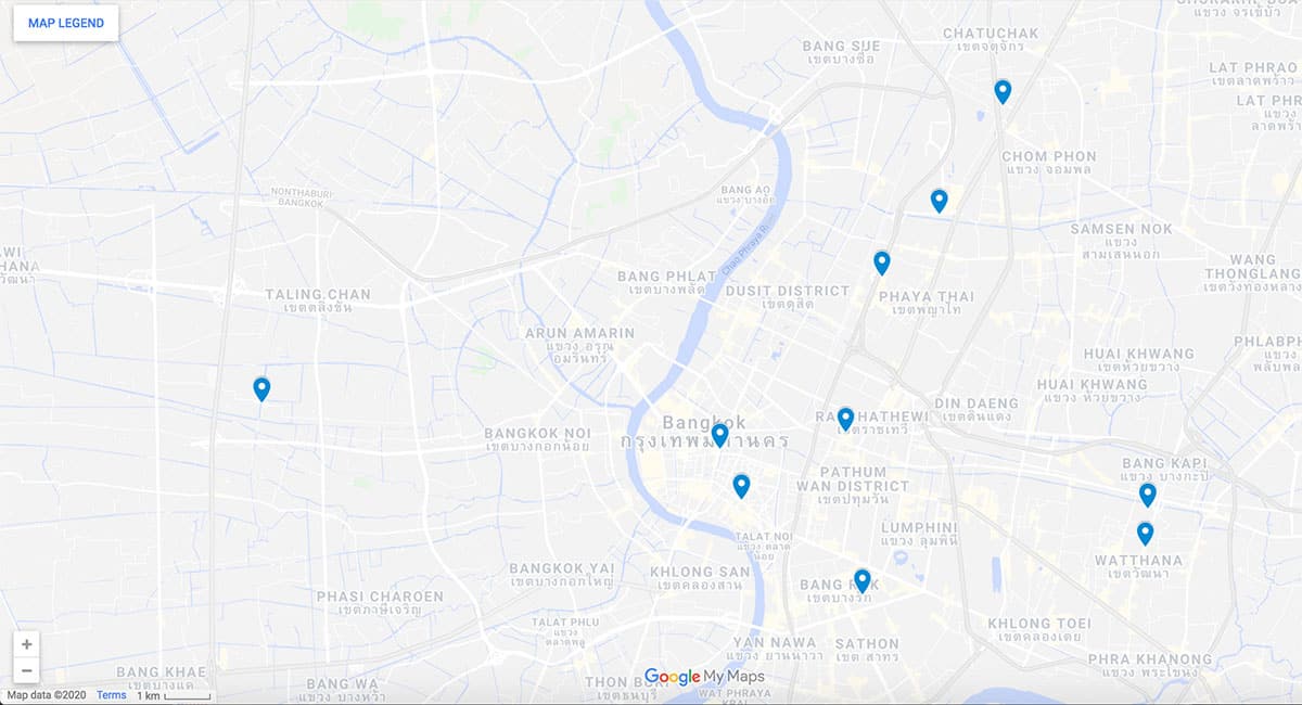 Bangkok Restaurants Map with pins