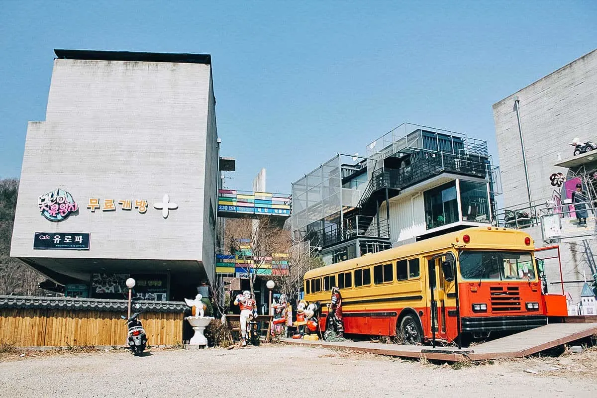 Old bus and buildings at Heyri Art Valley