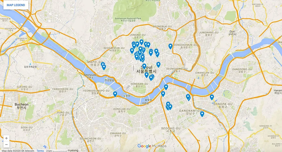 Map of Seoul, South Korea Map with pins