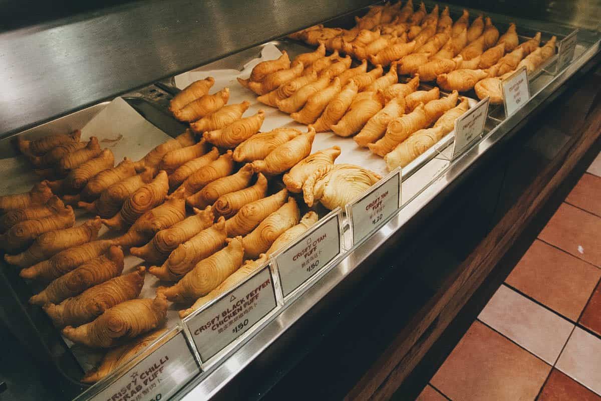 Display with different curry puffs for sale