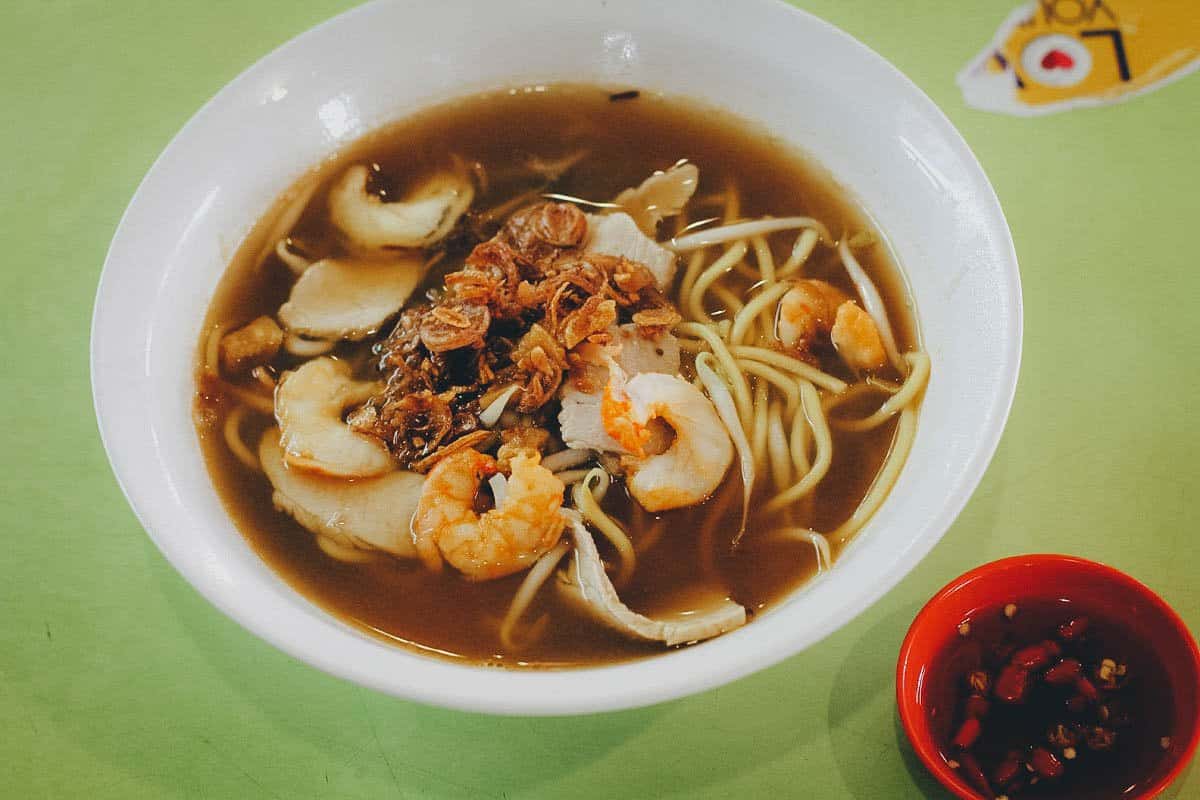 Bowl of prawn mee with egg noodles at Tekka Centre, one of the best food courts in Singapore
