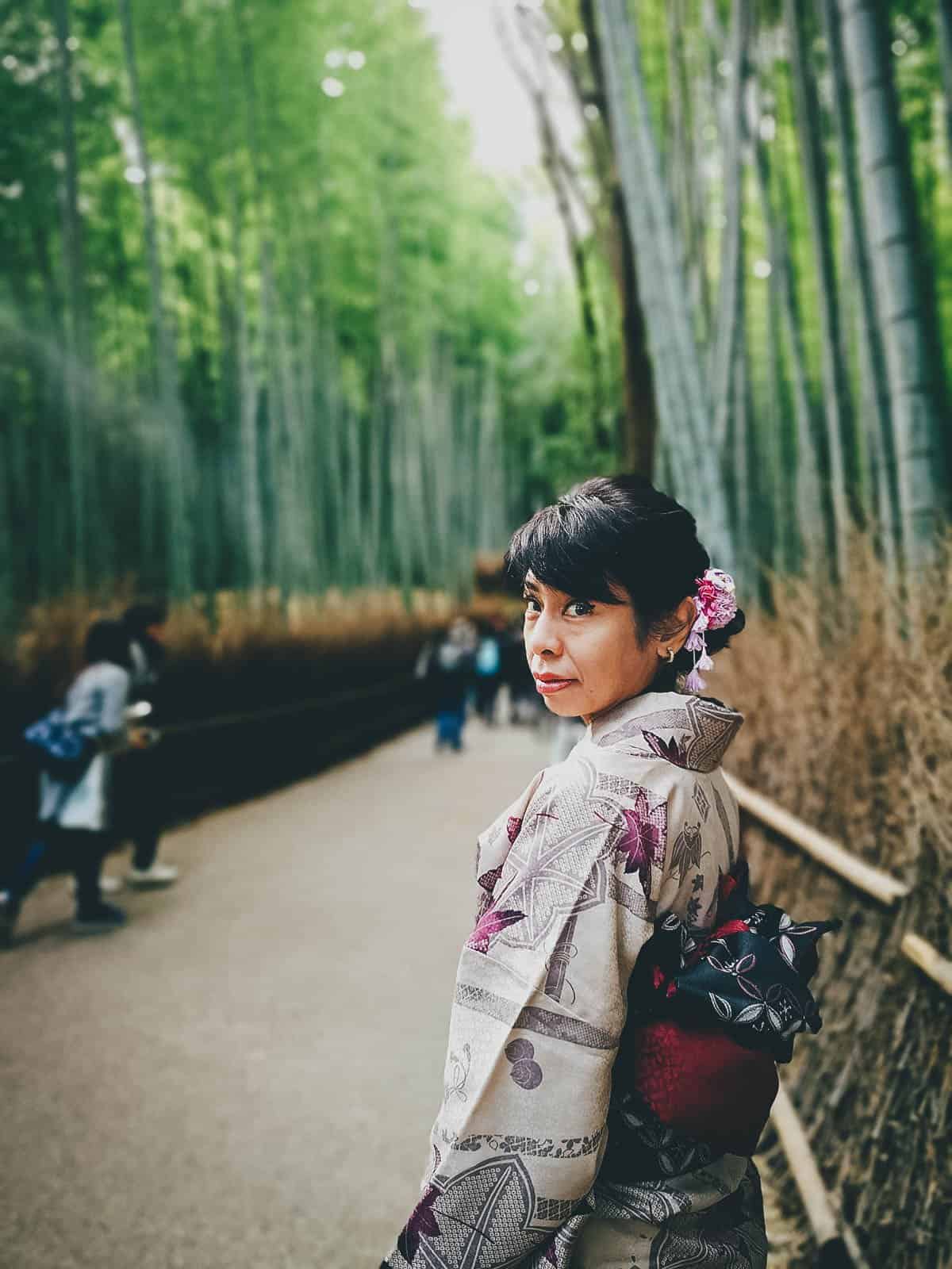 Ren in a kimono at Arashiyama Bamboo Garden