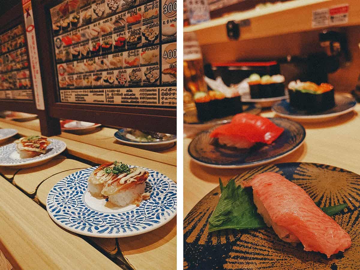Conveyor belt with sushi at Daiki Suisan restaurant in Osaka