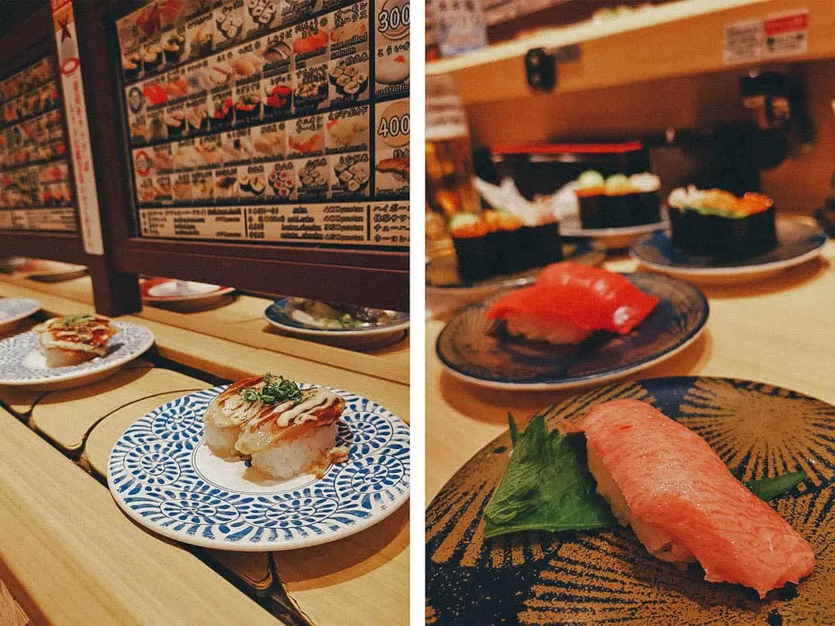 Osaka Food Guide: 25 Must-Eat Restaurants in Osaka, Japan Conveyor belt with sushi at Daiki Suisan restaurant in Osaka