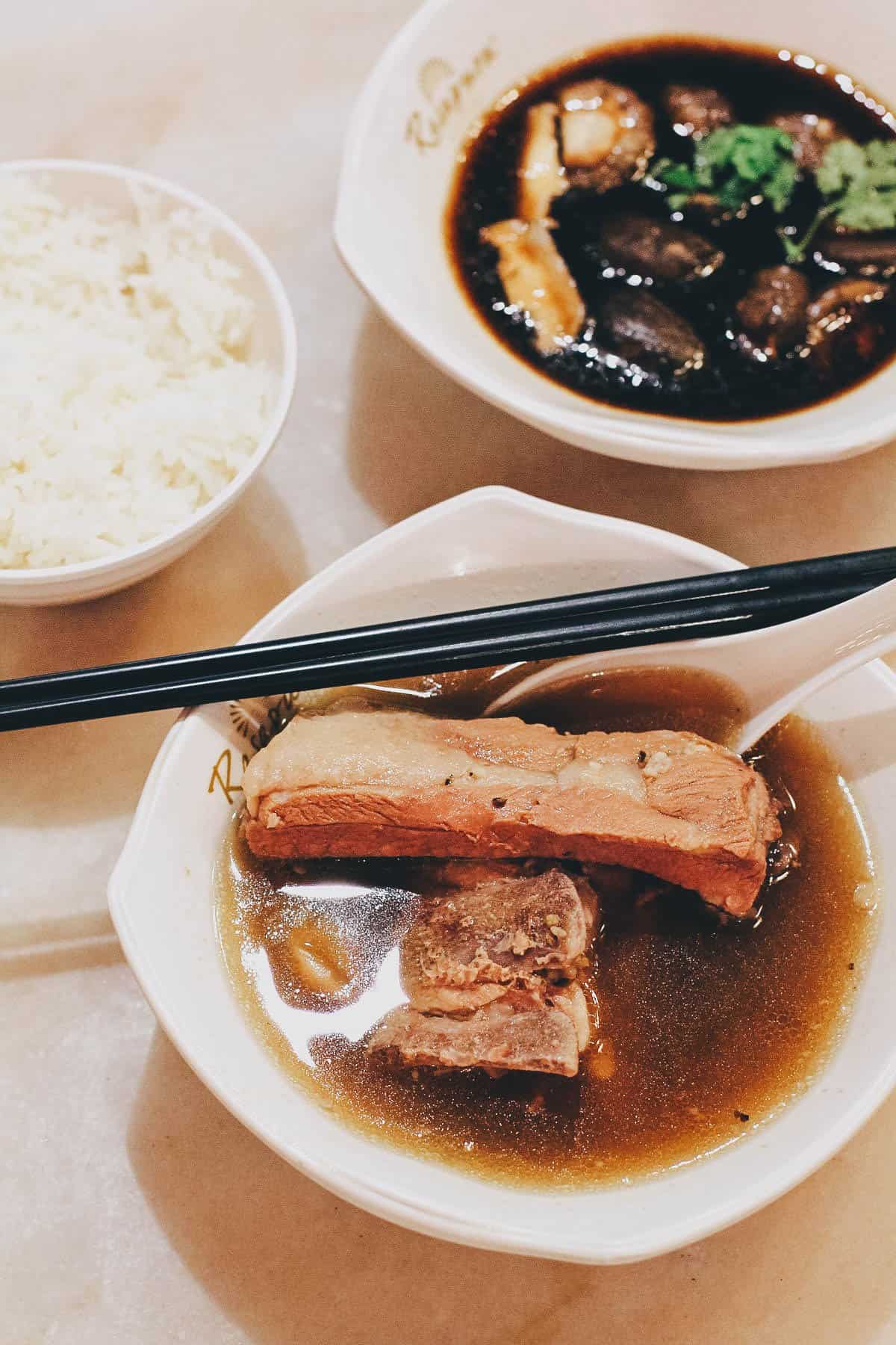 Bowls of bak kut teh (pork rib soup) in Singapore