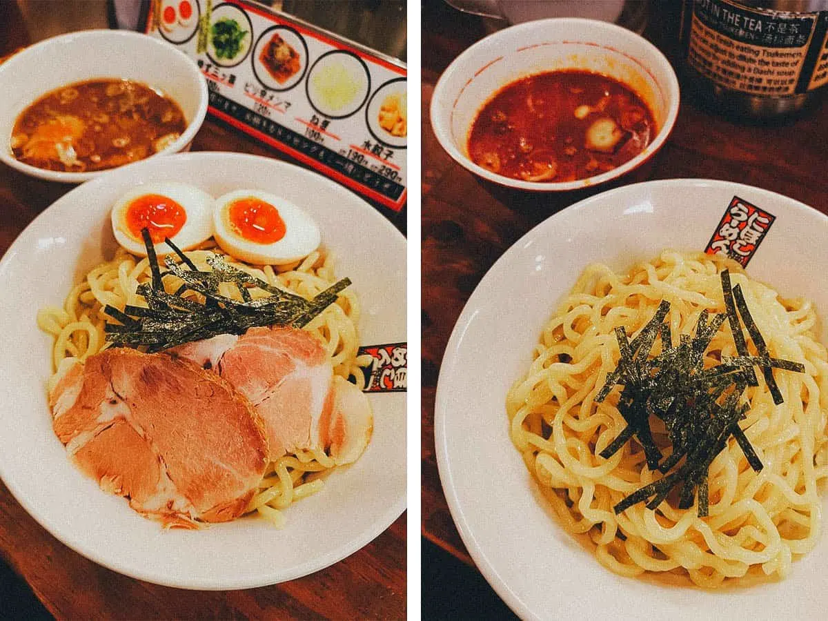 Bowls of tsukemen at Niboshi Ramen Tamagoro Kuromon restaurant in Osaka