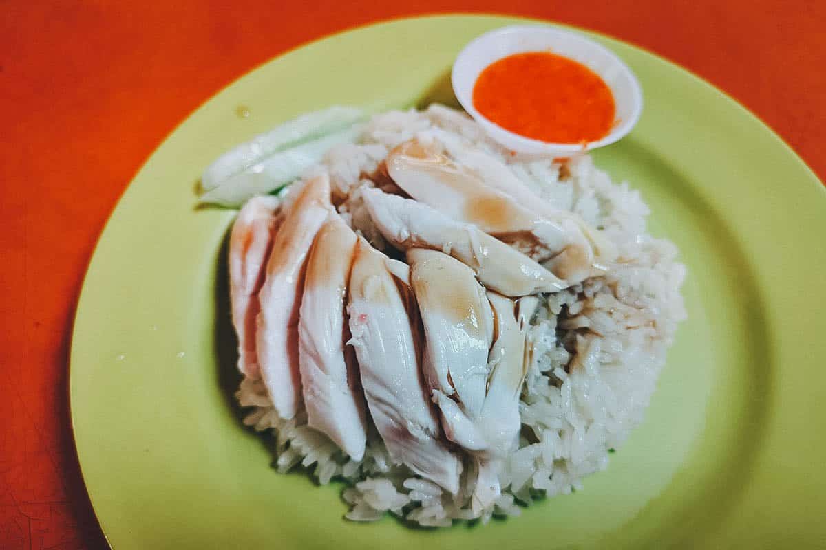 Plate of Hainanese chicken rice, one of my favorite rice dishes in Singapore