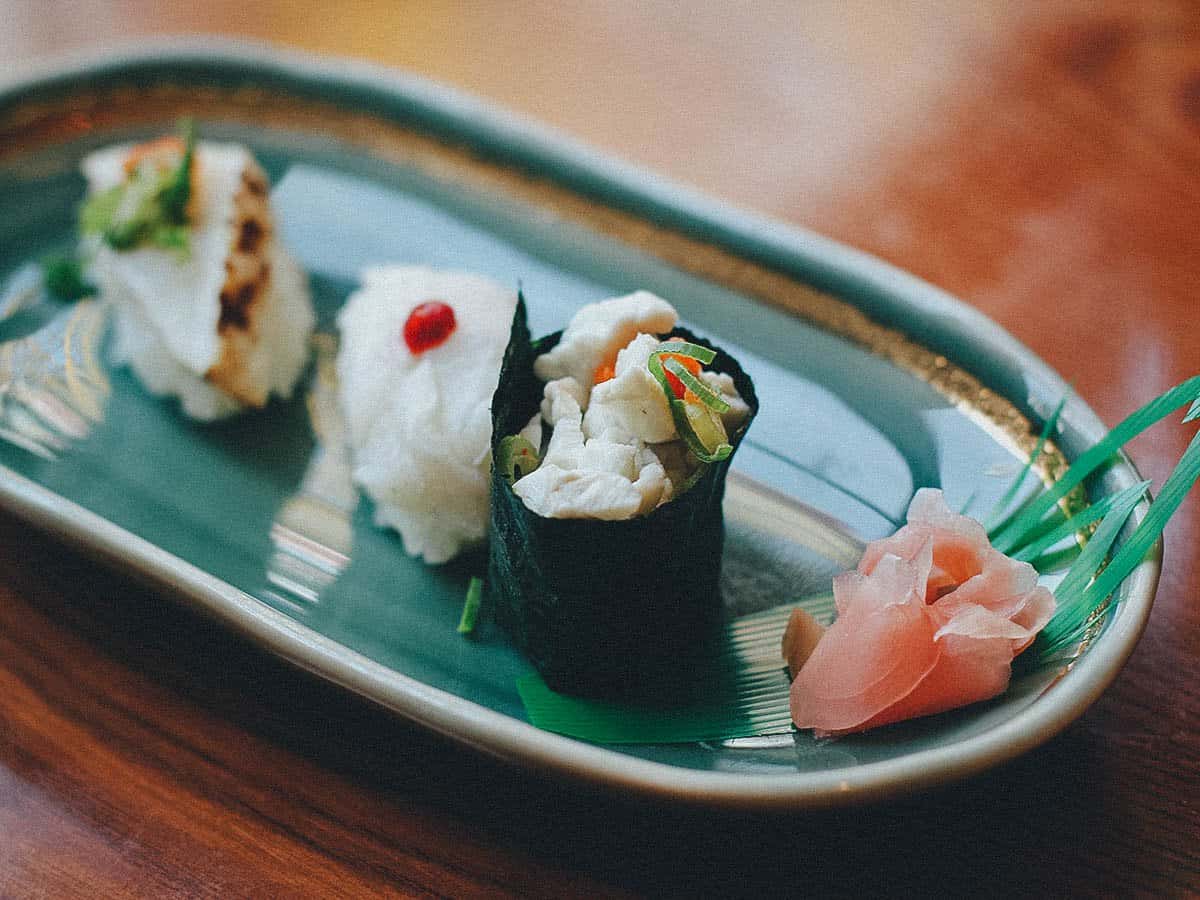 Fugu sushi at Zuboraya restaurant in Osaka